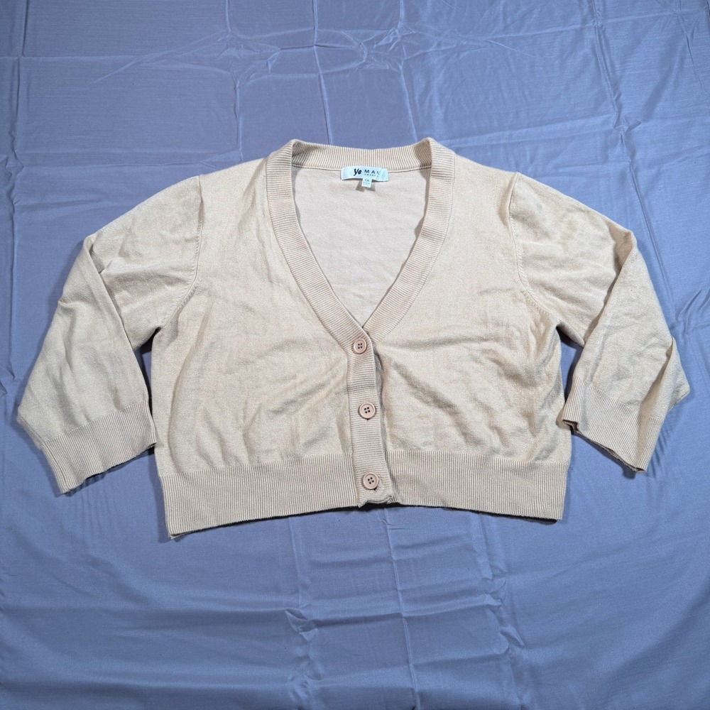 Ye Mak Tan Beige Cropped Cardigan Sweater V-Neck 3/4 Sleeve Plus Size 1X CO129PL